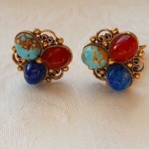 1960s Gold toned, Faux turquoise , Carnelian lapis lazuli Stones Cabochons Glass